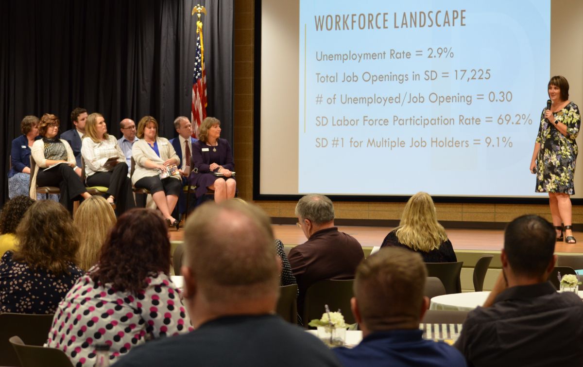 Secretary of the South Dakota Department of Labor and Regulation, Marcia Hultman, addresses the crowd at the 2018 Western Dakota Tech Economic Impact Summit.